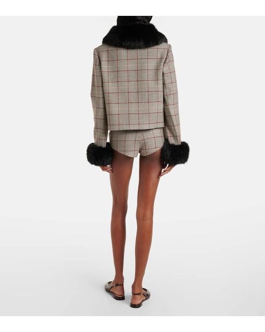 Self-Portrait Black Checked Faux Fur-Trimmed Jacket