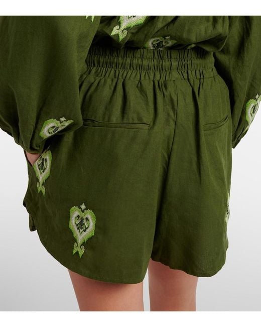 Farm Rio Green Bestickte Shorts Aus Einem Leinengemisch