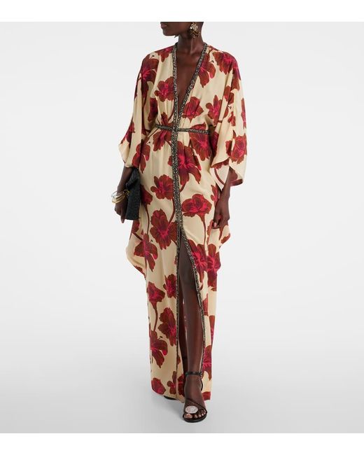 Johanna Ortiz Red Embellished Silk Maxi Dress