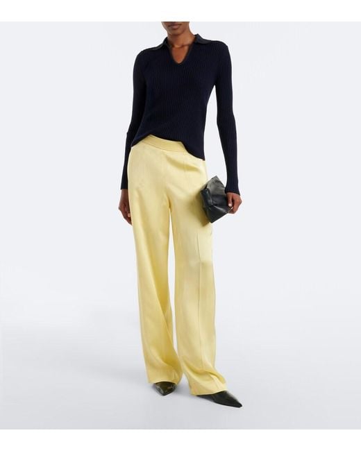 Jil Sander Blue Cutout Ribbed-Knit Wool Polo Sweater