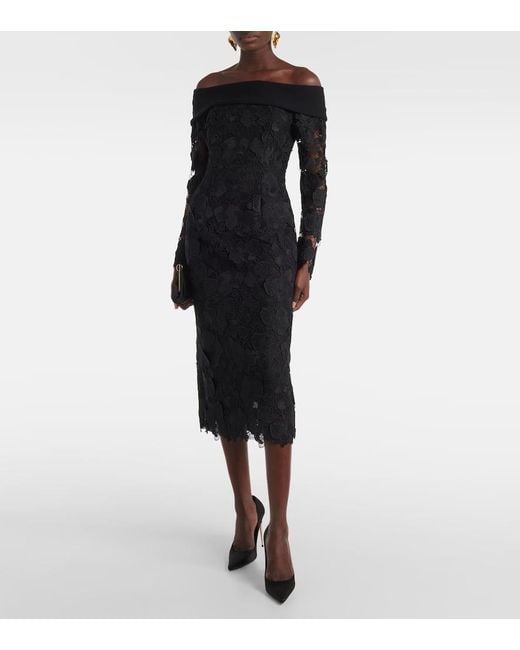 Oscar de la Renta Black Orchid Floral Guipure Midi Dress
