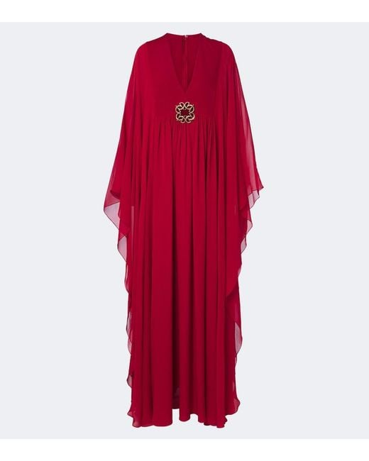 Elie Saab Red Embellished Silk Chiffon Kaftan