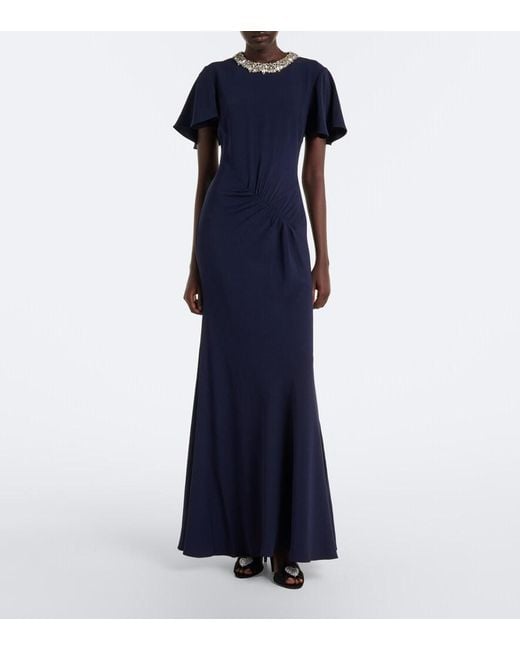 Roland Mouret Blue Crystal-Embellished Gathered Gown
