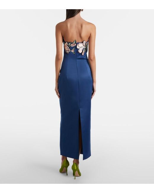 LEO LIN Blue Ava Floral-Applique Strapless Midi Dress