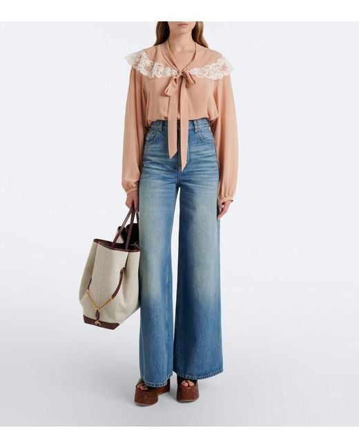 Chloé Gray Clover Leather-Trimmed Canvas Tote Bag