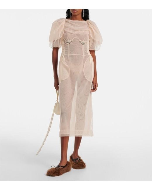Simone Rocha Natural Embellished Ruched Mesh Midi Dress