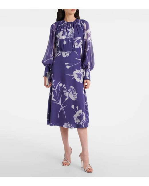 Robe Midi En Soie A Fleurs Erdem en coloris Blue