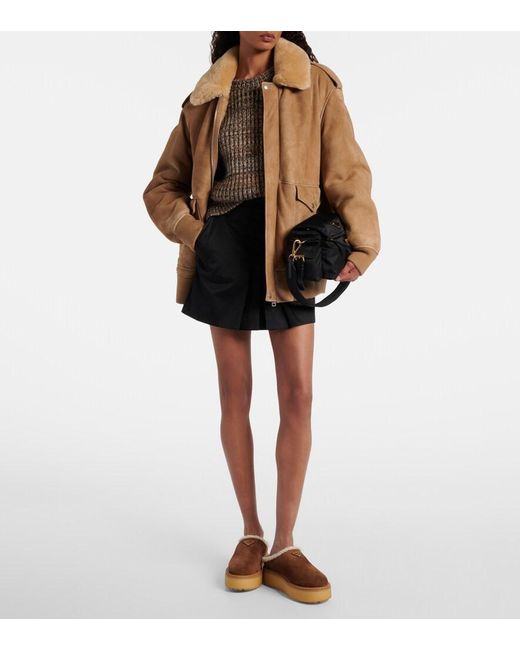 Prada Brown Evolve Shearling-Trimmed Suede Platform Mules