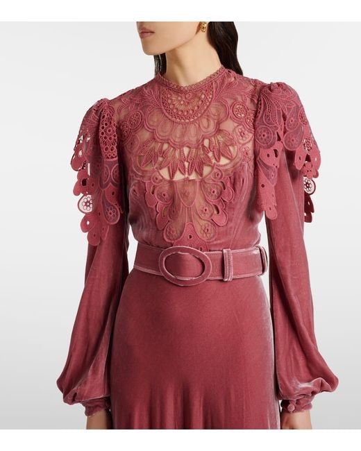 Costarellos Red Ashley Lace-Trimmed Velvet Gown
