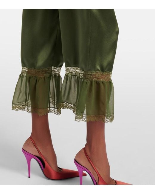 Saint Laurent Green Lace-Trimmed Silk Satin Straight Pants