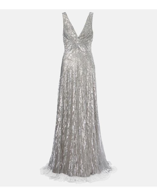 Monique Lhuillier Gray Sequined Tulle Gown