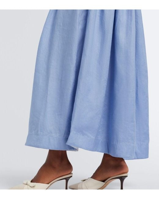 Agua Bendita Blue Barbara Embroidered Linen Maxi Dress