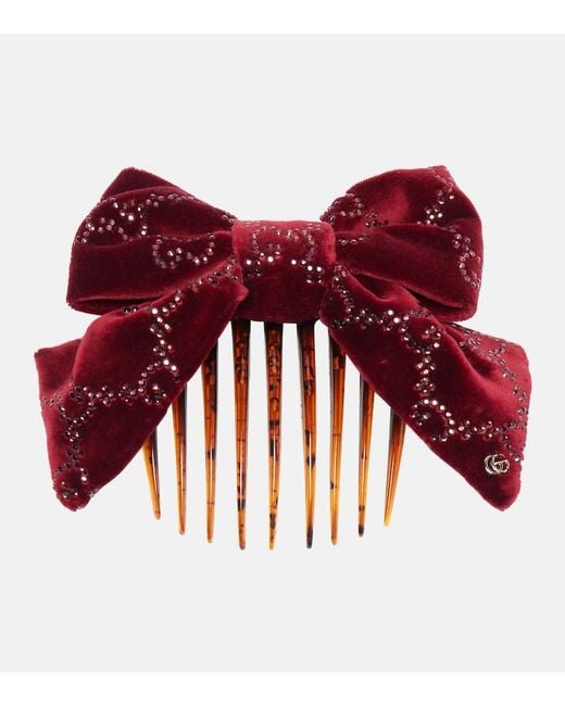 Gucci Red Gg Embellished Cotton Velvet Hair Comb