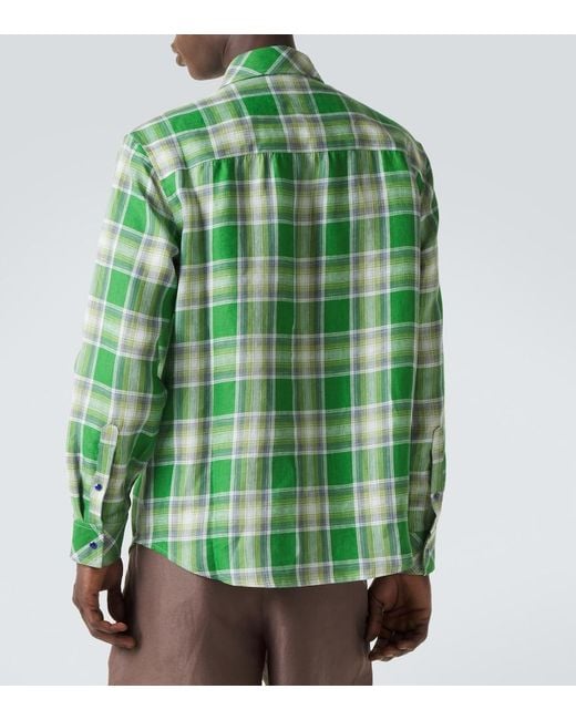 God's True Cashmere Green Harbor Plaid Linen Shirt With Lapis Lazuli for men