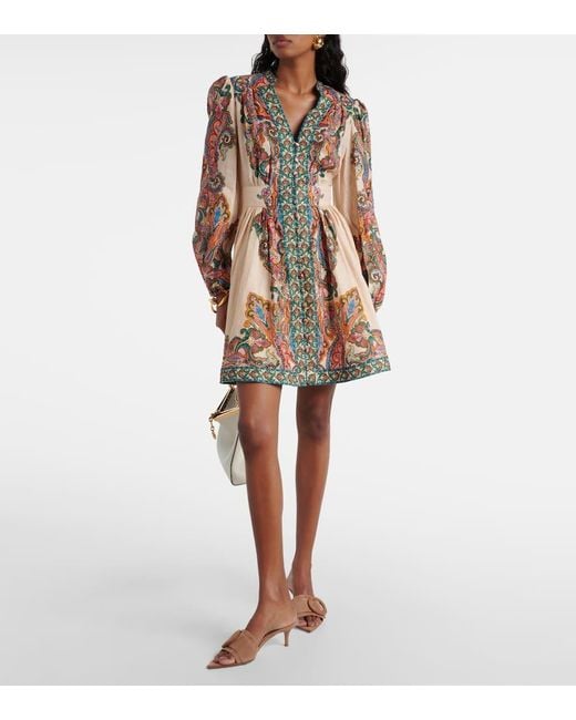 Zimmermann Natural Ottie Plunge Minikleid Aus Leinen