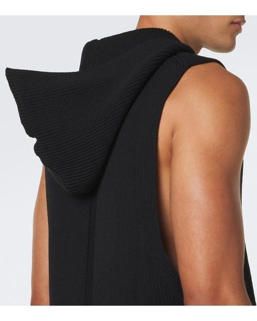 Rick Owens Black Hooded Ribbed-Knit Virgin Wool Tank Top for men