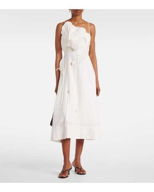 Vestido Midi En Mezcla De Lino Con Aplique Floral Farm Rio de color White