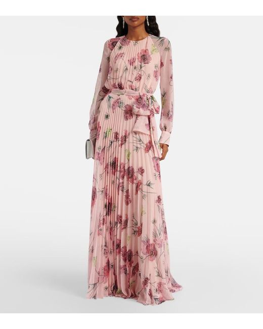 Erdem Red Floral Pleated Voile Gown