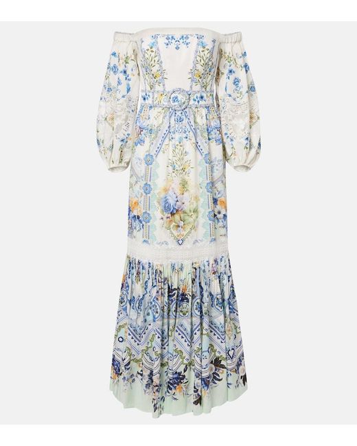 Camilla Blue Floral Off-Shoulder Linen And Silk Maxi Dress