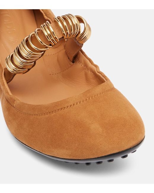Tod's Brown Dee Embellished Suede Mary Jane Flats