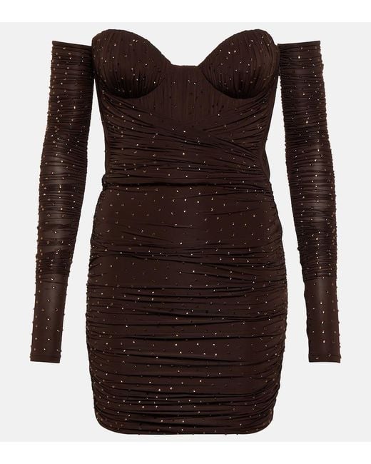 Alex Perry Brown Koda Minikleid Aus Gerafftem Stretch-Jersey Mit Kristallen Und Einem Paar Handschuhe