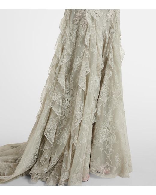 Costarellos White Rhodine Embellished Halterneck Lace Gown