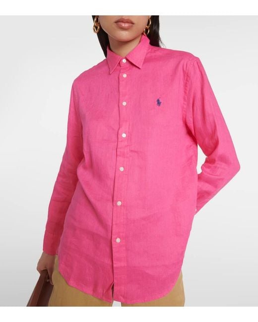 Camicia in lino con logo di Polo Ralph Lauren in Pink