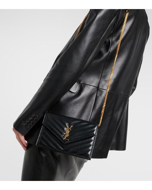 Saint Laurent Black Cassandre Matelasse Leather Wallet On Chain