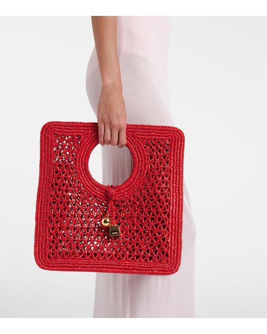 Jacquemus Red Spiaggia Small Raffia Top-Handle Bag