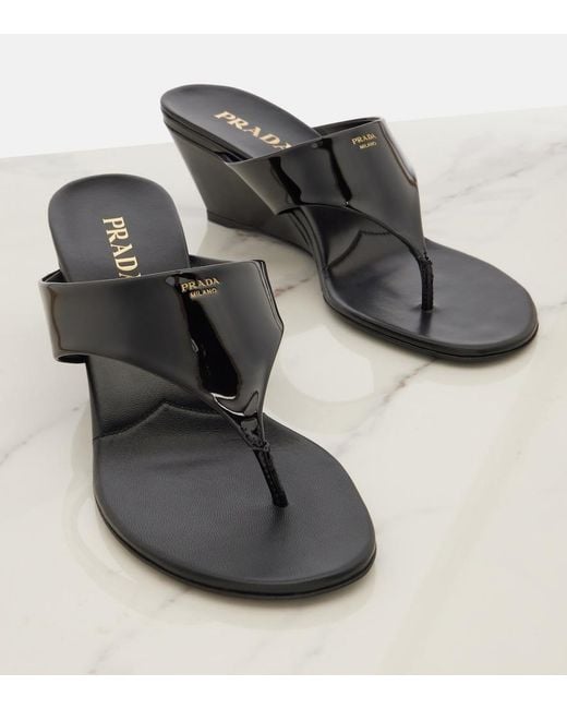 Prada Black Patent Leather Thong Sandals