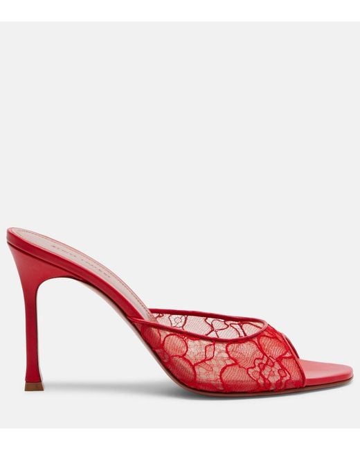 AMINA MUADDI Red Alexa Leather-Trimmed Lace Mules