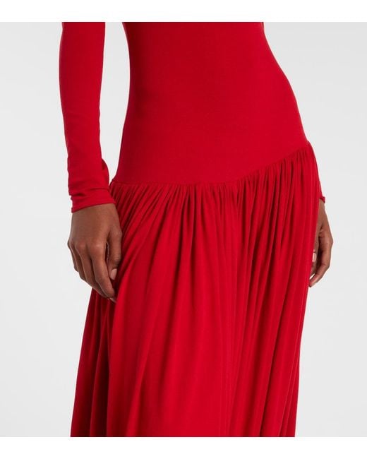 Magda Butrym Red Asymmetric Pleated Turtleneck Maxi Dress