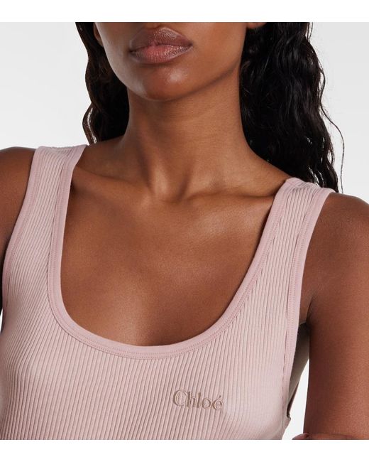 Chloé Pink Logo Ribbed-Knit Cotton Jersey Tank Top