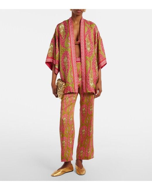 Etro Red Printed Silk Twill Wrap Jacket