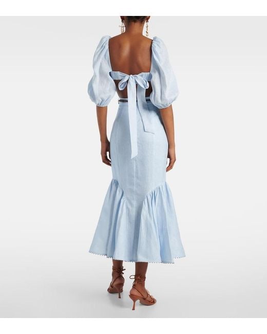 Zimmermann Blue Rhiannon Puff-Sleeve Linen Crop Top