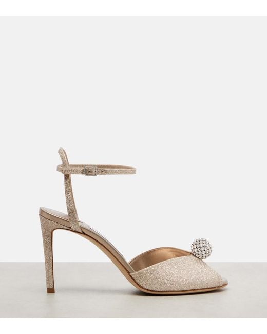 Jimmy Choo Natural Sacora 85 Glitter Peep-Toe Sandals