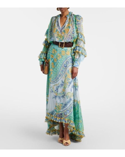 Etro Green Floral Ruffled Silk Blouse