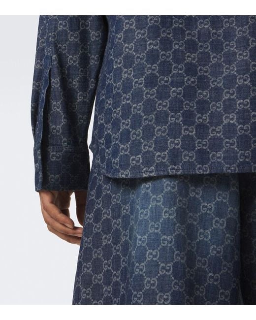 Gucci Blue Gg Cotton Chambray Jacquard Shirt for men
