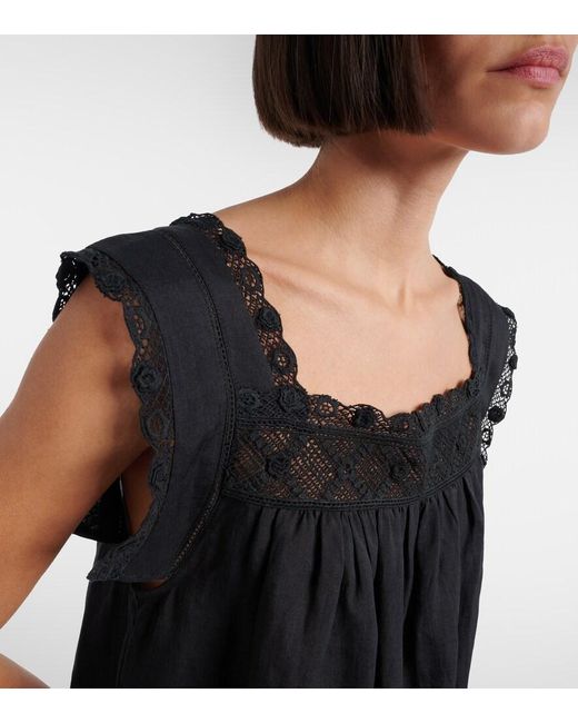 Doen Black Almadia Lace-Trimmed Ramie Minidress