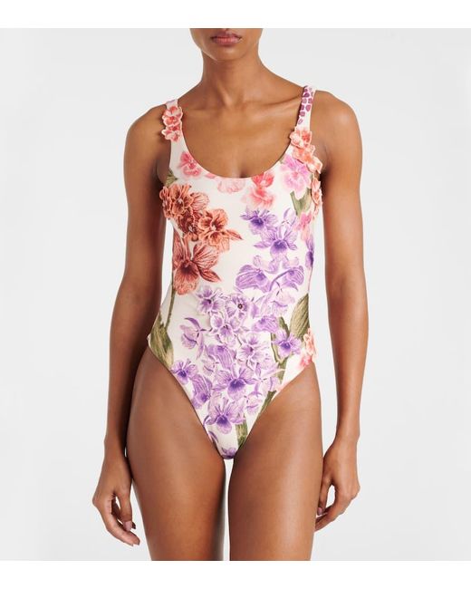 Costume Intero Con Applicazioni Floreali di Agua Bendita in Pink