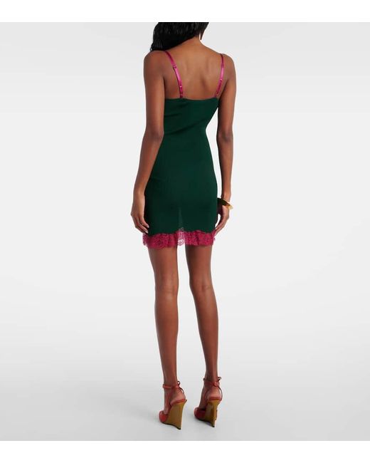 Vestido Lencero De Jersey De Seda Con Encaje Saint Laurent de color Green