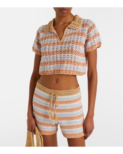 Anna Kosturova Pink Crochet Striped Cotton Polo Shirt