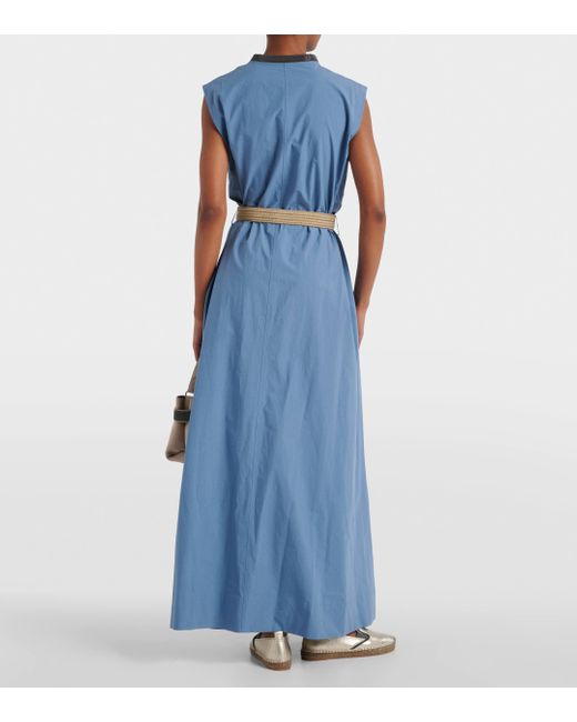 Brunello Cucinelli Blue Embellished Cotton Poplin Maxi Dress