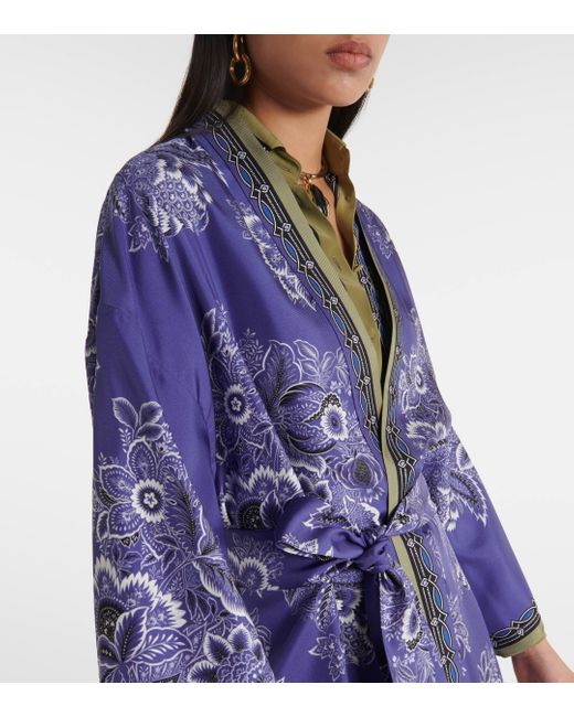 Etro Blue Printed Silk Twill Robe