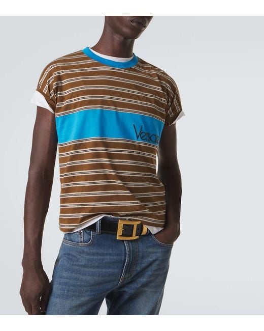 Versace Blue Logo Striped Cotton T-Shirt for men