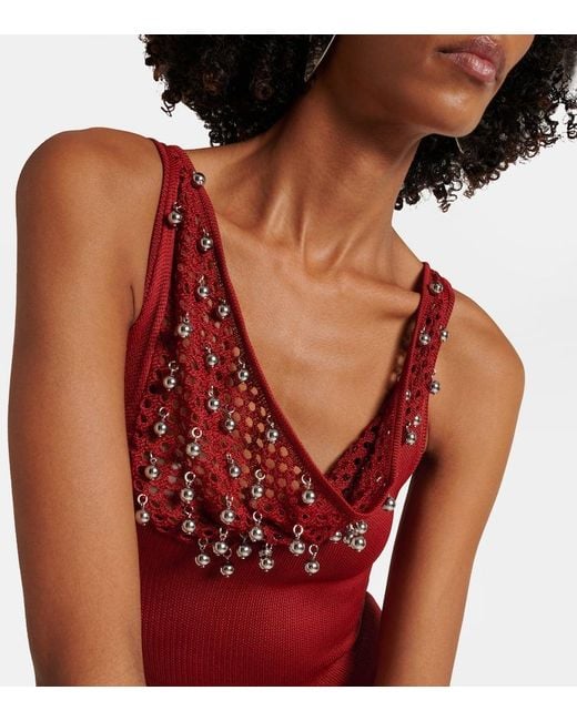 Rabanne Red Embellished Crochet Midi Dress