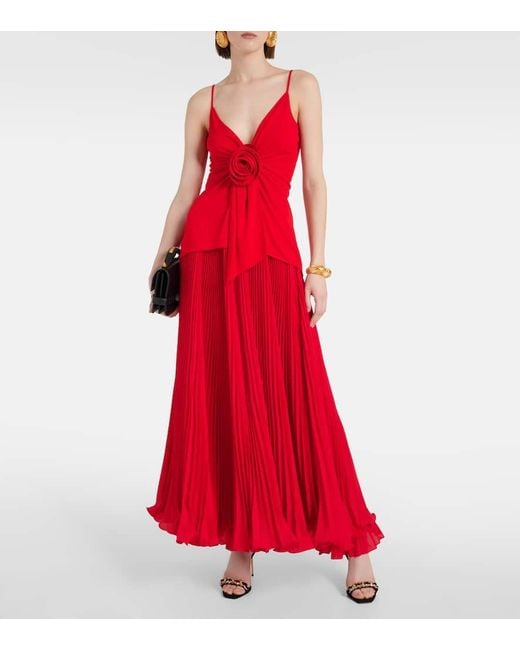 Top De Crepe Fruncido Con Aplique Floral Balmain de color Red