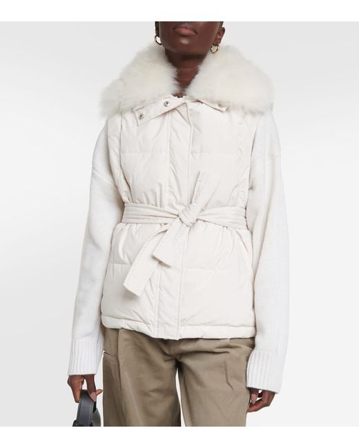 Yves Salomon Natural Belted Shearling-Trimmed Down Jacket