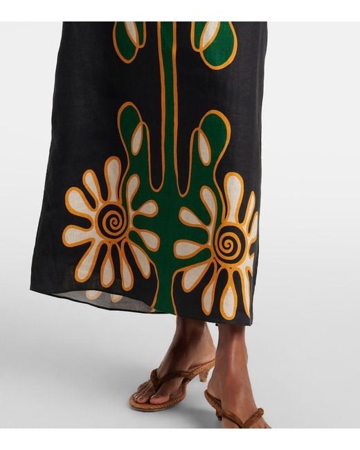 Cala De La Cruz Green Celina Printed Linen Midi Skirt