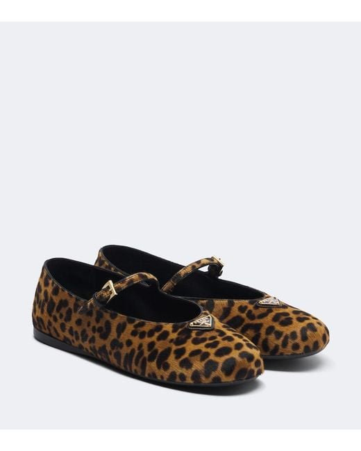 Prada Brown Leopard-Print Calf Hair Mary Jane Flats